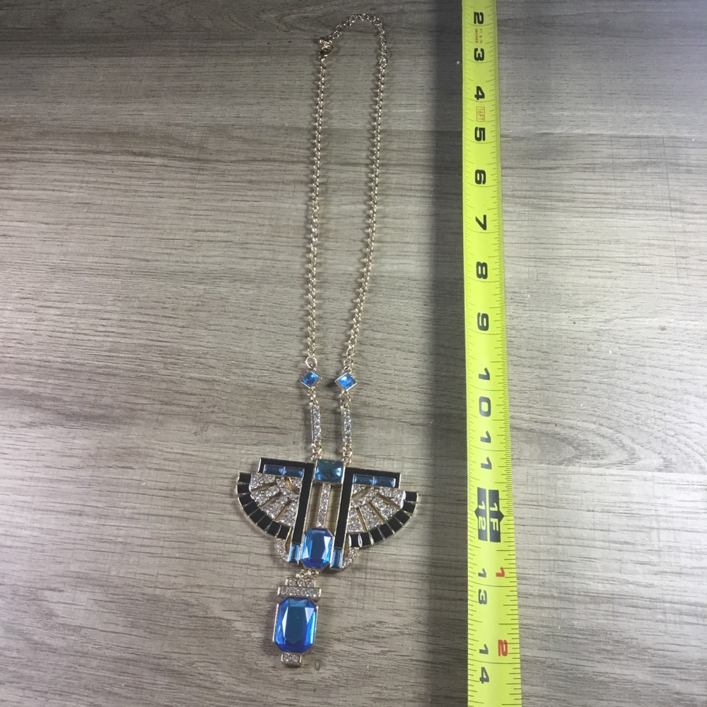 Bohemian Egyptian Elegant Blue and Gold Rhinestone Winged Statement Necklace - Picture 5 of 5